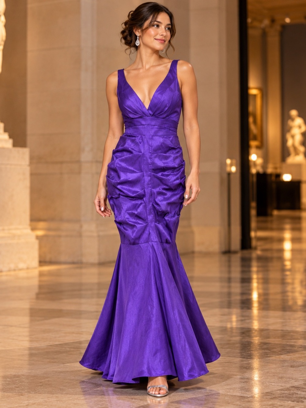 XSCAPE Purple Ruched Mermaid Gown Size 8 Women's Purple V-Neck Evening Dress